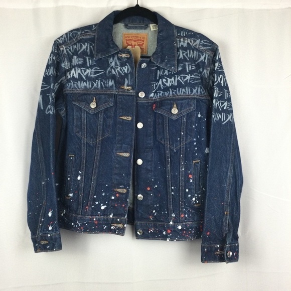 Levis Ex Boyfriend Denim Trucker Jacket Graffiti Print Size XS - Picture 1 of 8